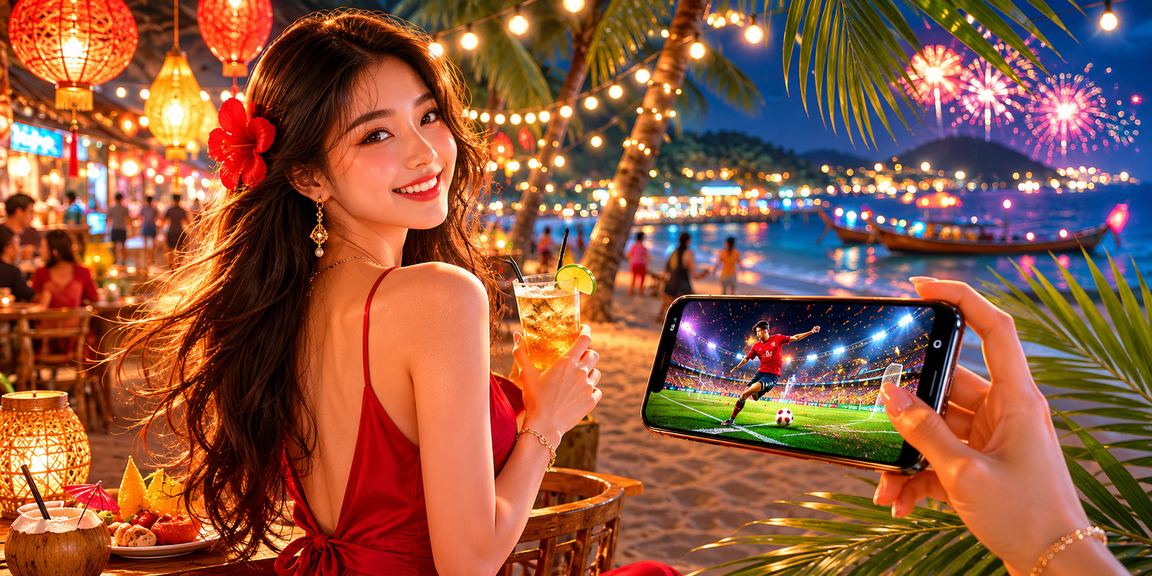 Người dùng theo dõi bóng đá trên di động trong không khí chợ đêm Phú Quốc